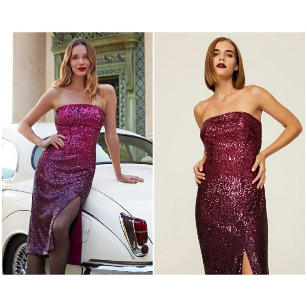 💕TRINA TURK💕 Stella Strapless Sheath Dress Festive Fuchsia Plum Sequin 10 NWT - Picture 1 of 16